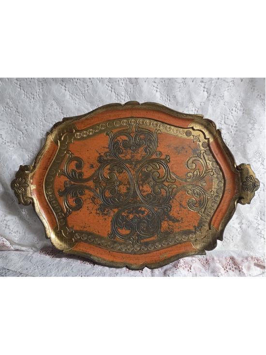 Unbranded Other - Vintage Italian Florentine Tray – Large Orange & Gold Baroque Serving Tray